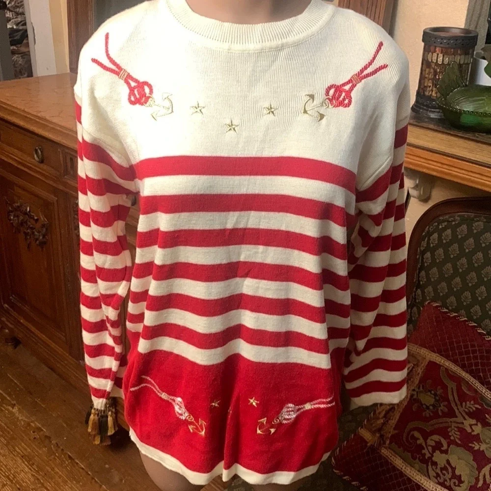 Vintage red white gold embroidered Nautical sweater 80s 90s